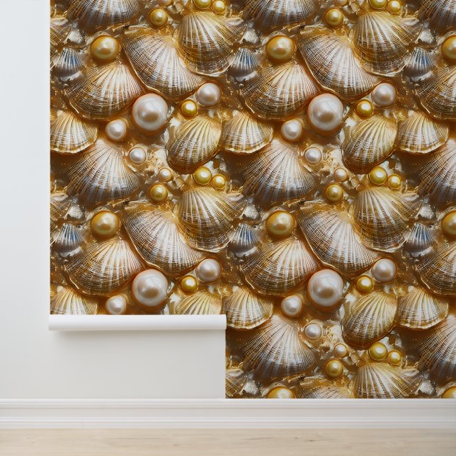 Seashells pearl mural seamless pattern bronze gold wallpaper (Application)