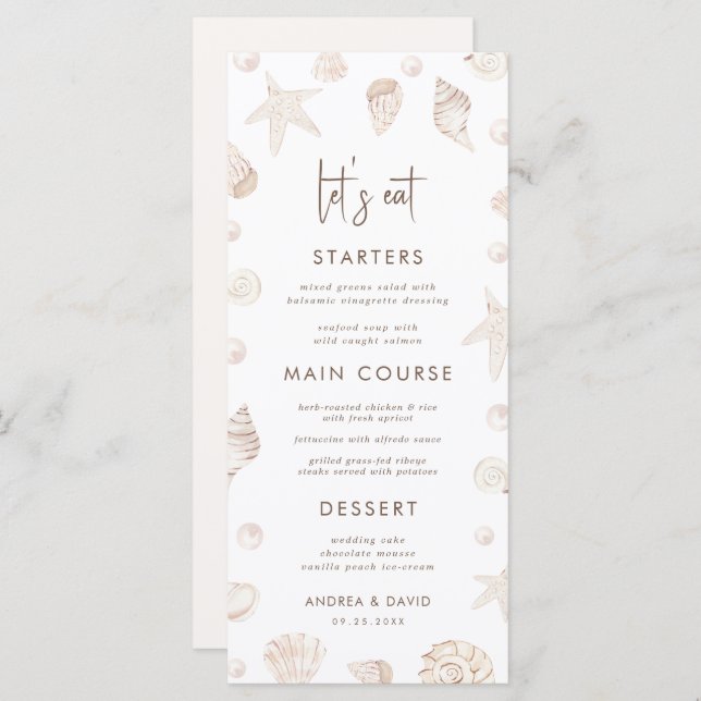 Seashells & Pearls Coastal Beach Seafront Wedding  Menu (Front/Back)