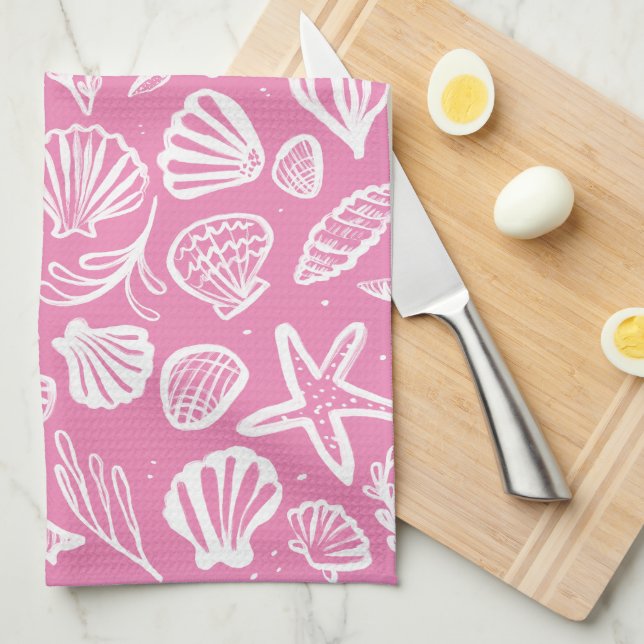 Seashells Pink Pattern Beach Shells Chic  Tea Towel (Quarter Fold)