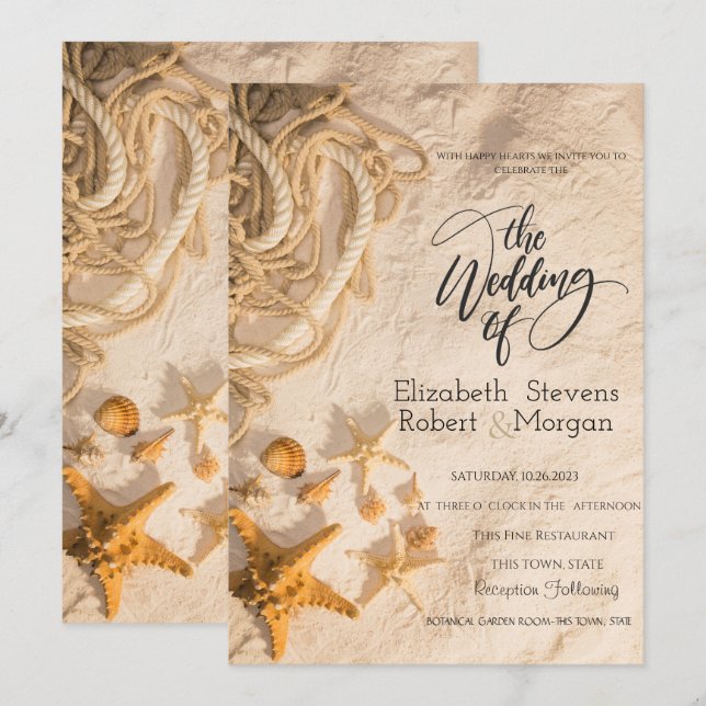Seashells Rope Sand Wedding Invitation (Front/Back)