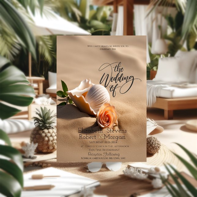 Seashells Rose Sand Beach Wedding Invitation (Creator Uploaded)