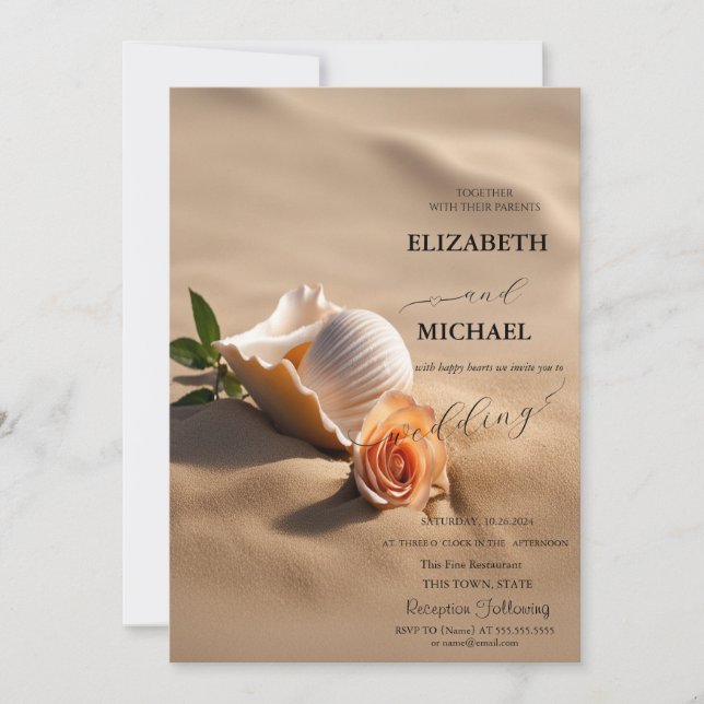Seashells Rose Sand Wedding Invitation (Front)