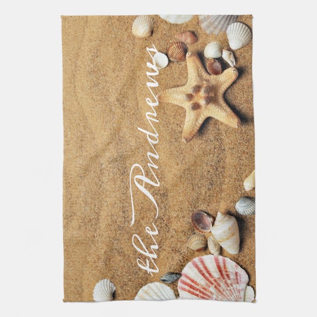 Seashells Sand Ocean Calligraphy Name Tea Towel (Vertical)