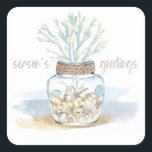Seashells & Sea Glass | Coastal Christmas Bouquet Square Sticker<br><div class="desc">Coastal Christmas theme stickers (or envelope seals) feature a watercolor abstract beach with a rustic jar decorated with nautical rope,  seashells,  sea glass,  coral and string lights.</div>