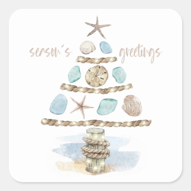 Seashells & Sea Glass | Coastal Christmas Tree Square Sticker (Front)