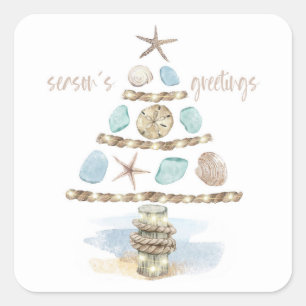 Seashells & Sea Glass   Coastal Christmas Tree Square Sticker