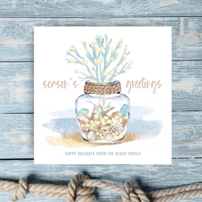 Seashells & Sea Glass Jar Coral Coastal Christmas Holiday Card (Creator Uploaded)