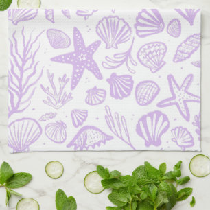 Seashells Sea Lavender Pattern Beach Shells Chic Tea Towel