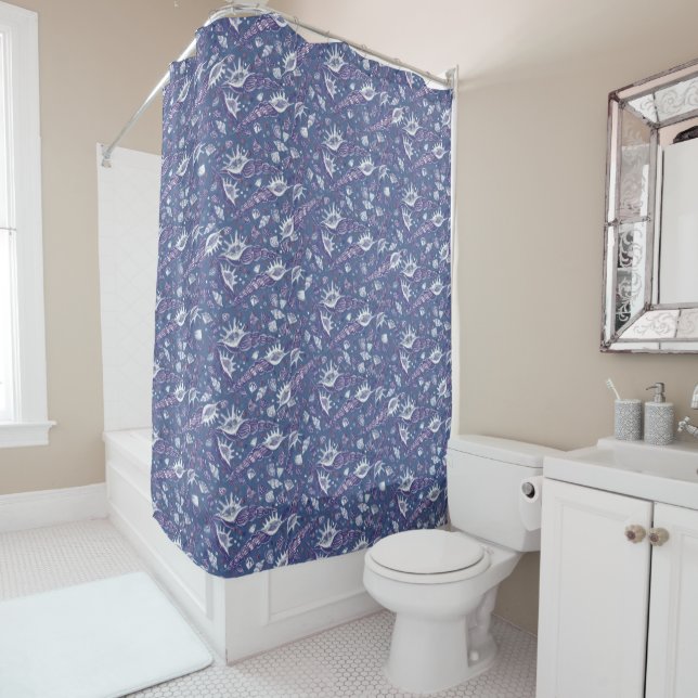 Seashells Sea Shell Nautical Pattern Navy Blue Shower Curtain (In Situ)