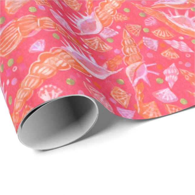 Seashells Sea Shells Mollusk Nautical Pattern Red Wrapping Paper (Roll Corner)