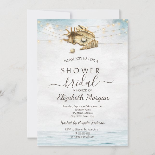 Seashells,Sea,String Lights Script Bridal Shower Invitation (Front)