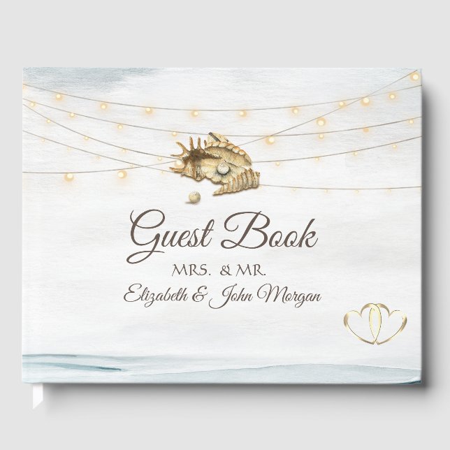 Seashells,Sea,String Lights Script Guest Book (Front)