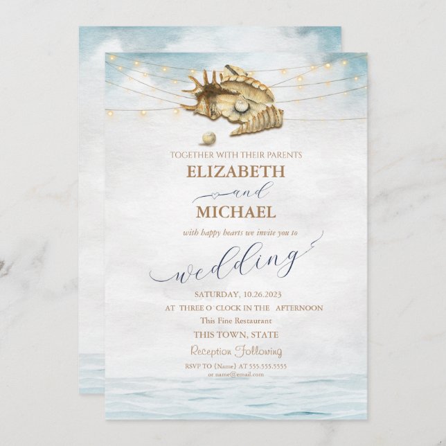 Seashells,Sea,String Lights Script Wedding Invitation (Front/Back)