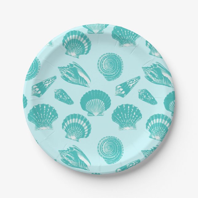 Seashells - soft aqua and white paper plate (Front)