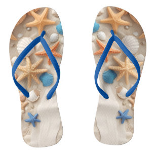 Seashells, starfish, and pebbles on a sandy beach  flip flops