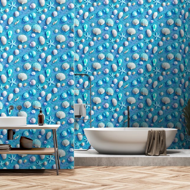 Seashells starfish coastal beach shells pattern wallpaper (Bathroom)