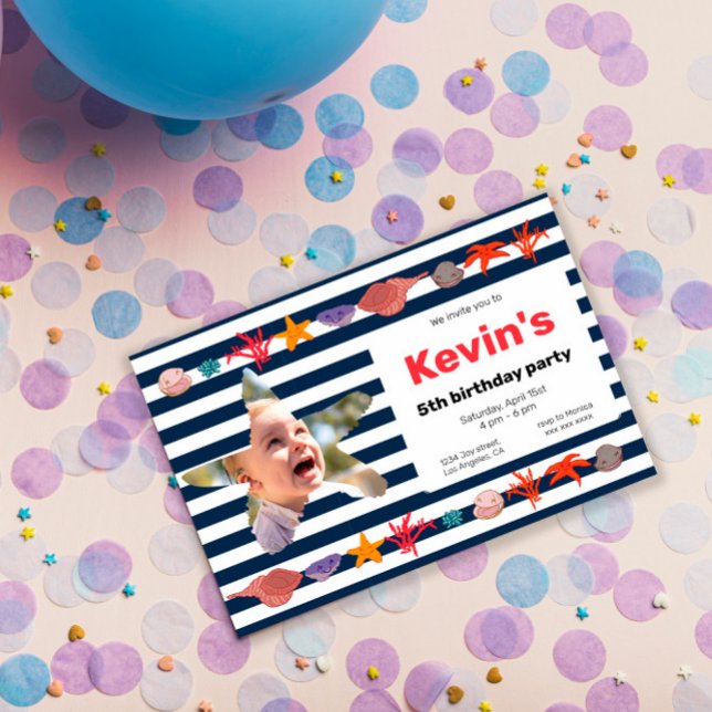 Seashells, Starfish & Coral on Nautical Stripes Invitation (Creator Uploaded)