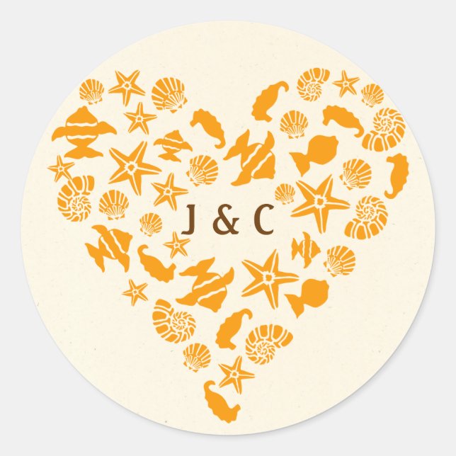 Seashells & Starfish Heart Summer Beach Wedding Classic Round Sticker (Front)