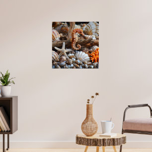 Seashells Starfish Pearls Orange Seahorse Sand  Poster