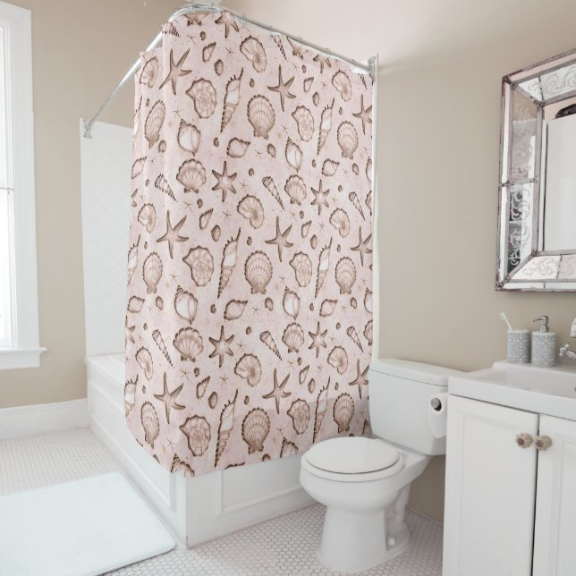 Seashells Starfish Watercolor Blush Pink ID782 Shower Curtain (In Situ)