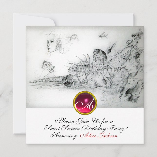 SEASHELLS SWEET 16 ,Ruby Monogram Black White Invitation (Front)