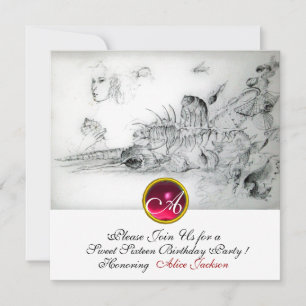 SEASHELLS SWEET 16 ,Ruby Monogram Black White Invitation
