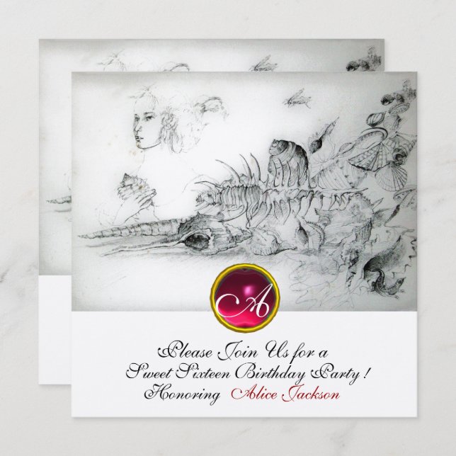 SEASHELLS SWEET SIXTEEN PARTY,Ruby Monogram Silver Invitation (Front/Back)