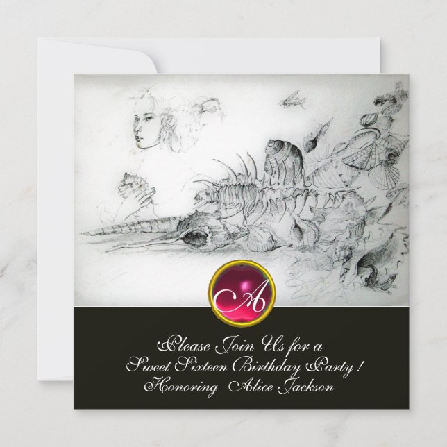 SEASHELLS SWEET SIXTEEN PARTY,Ruby Monogram White Invitation (Front)