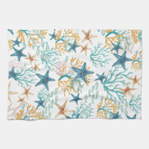 Seashells Teal Coral Sealife Fish Tea Towel