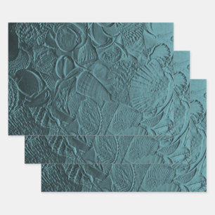 Seashells Teal Ocean Beach Metallic Decoupage Wrapping Paper Sheet