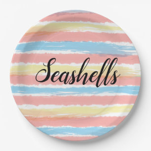 Seashells Typography Pink Yellow Blue Watercolor  Paper Plate