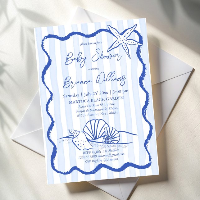 Seashells wavy border blue stripes baby shower invitation (Seashells wavy border blue stripes beach nautical baby shower invitation template)