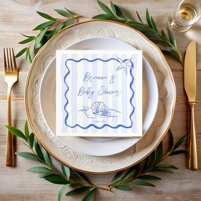 Seashells wavy border blue stripes baby shower napkin (Seashells handrawn wavy border blue stripes stripes baby shower personalized napkins)