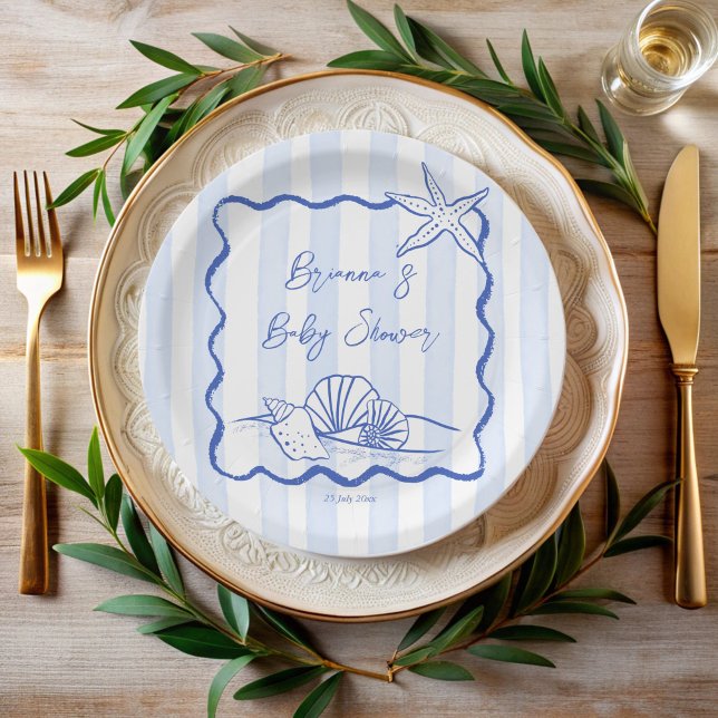 Seashells wavy border blue stripes baby shower paper plate (Seashells handrawn wavy border blue stripes beach nautical baby shower personalized paper plates)