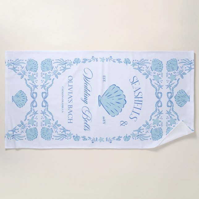 Seashells & Wedding Bells Bachelorette Beach Towel (Front)