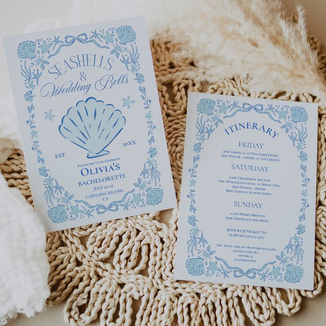 Seashells Wedding Bells Bachelorette Blue Invitation (seashells wedding bells invite zazzle etsy
)