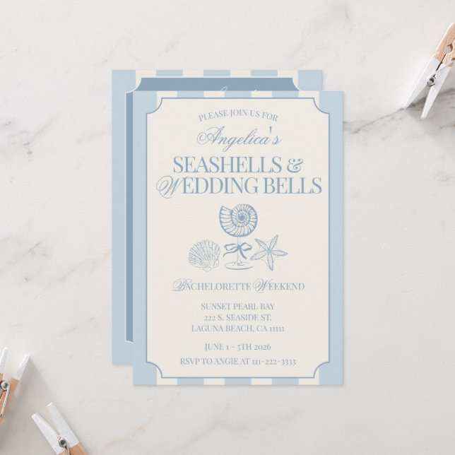 Seashells & Wedding Bells Bachelorette Itinerary & Invitation (Front/Back In Situ)