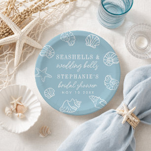 Seashells Wedding Bells Blue Coastal Bridal Shower Paper Plate