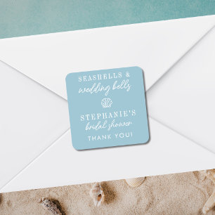 Seashells Wedding Bells Dusty Blue Bridal Shower Square Sticker