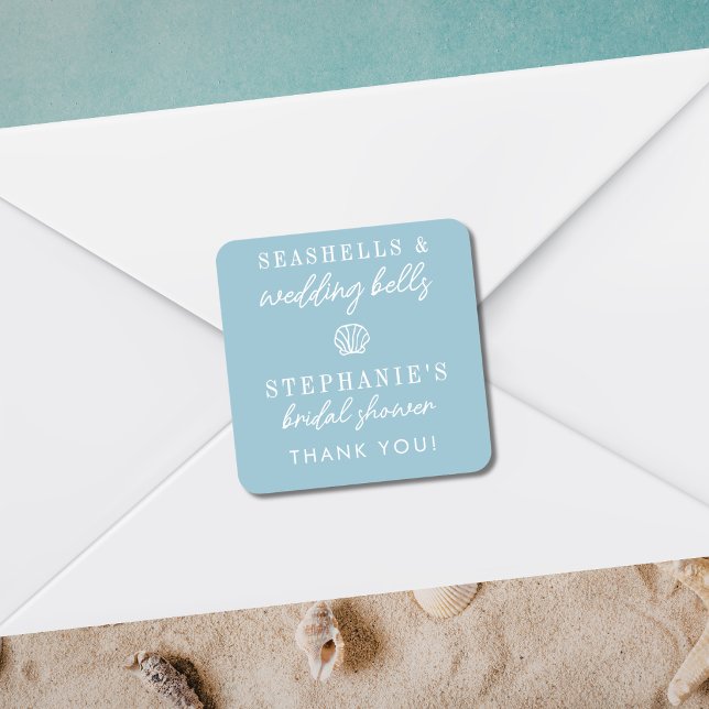 Seashells Wedding Bells Dusty Blue Bridal Shower Square Sticker (Creator Uploaded)
