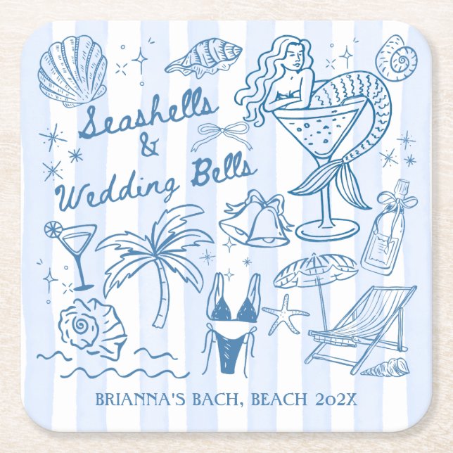 Seashells wedding bells mermaid bridesmaids gifts square paper coaster (Front)