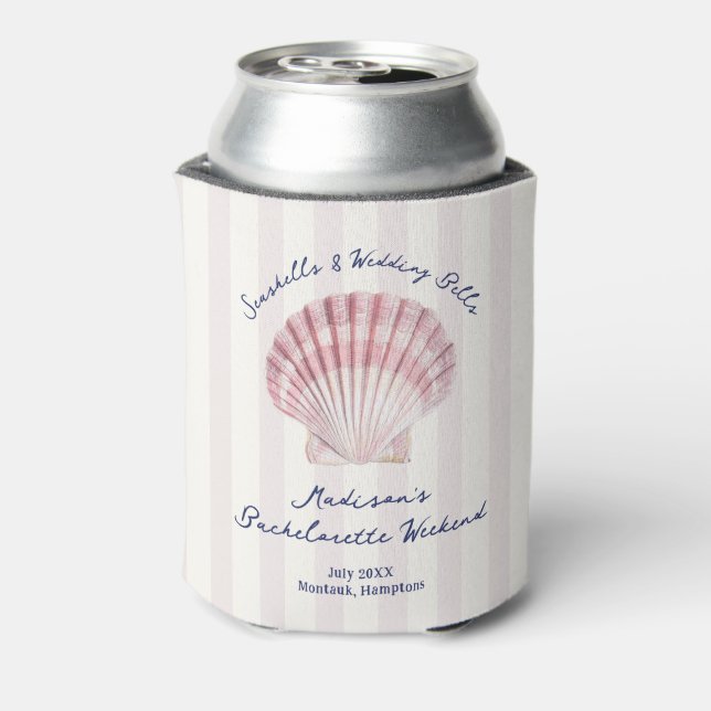 Seashells & Wedding Bells Pink Navy Bachelorette Can Cooler (Can Back)