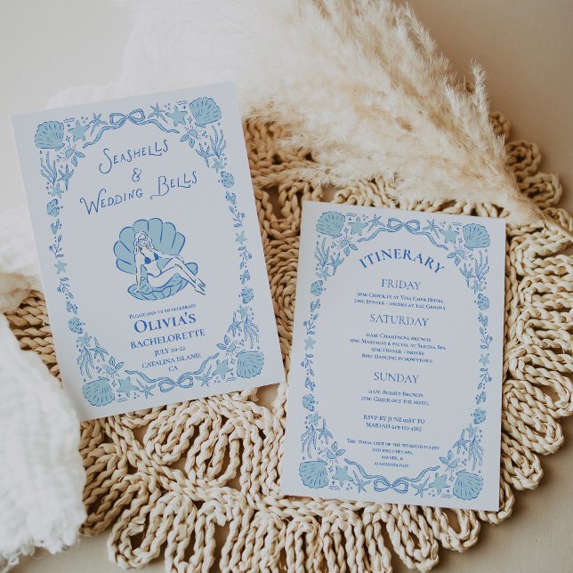 Seashells Wedding Bells Whimsical Bachelorette Blu Invitation (Seashells Wedding Bells Whimsical Bachelorette Blue Invitation)