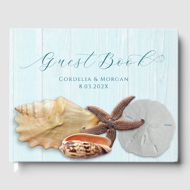 Seashells Wedding Personalised Guest Book Wood (Front)