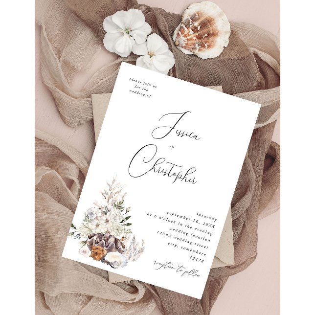 Seashells & White Floral Wedding 3 Invitation (Creator Uploaded)