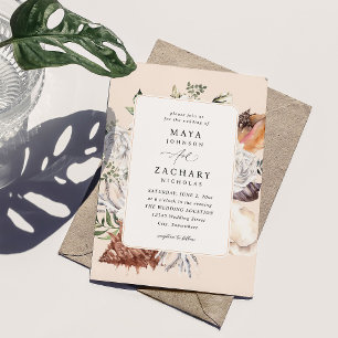 Seashells & White Floral Wedding - Beige Invitation