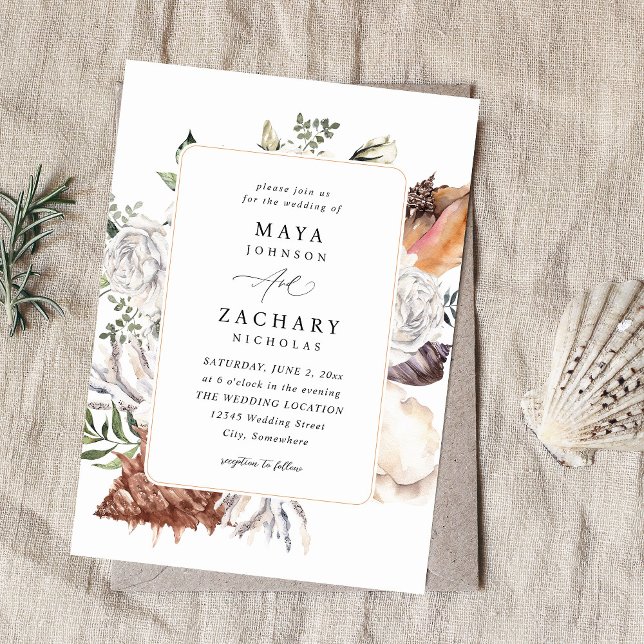 Seashells & White Floral Wedding Invitation (Creator Uploaded)