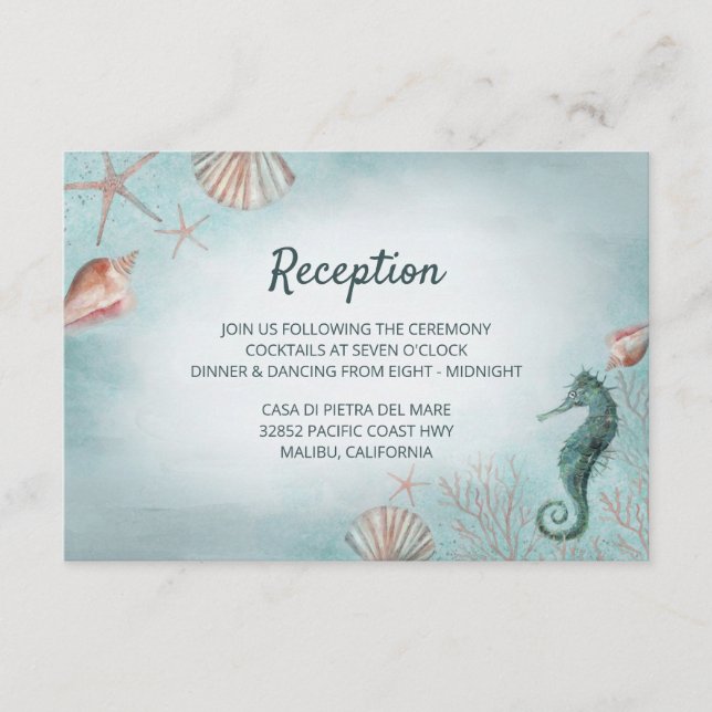 Seashore | Beach Blue Nautical Wedding Reception Enclosure Card (Front)