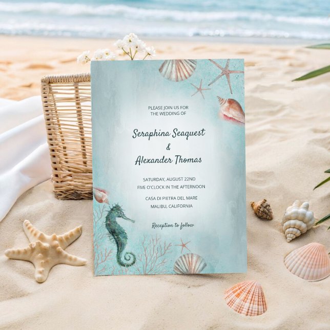 Seashore | Beach Blue Watercolor Seashells Wedding Invitation (Creator Uploaded)
