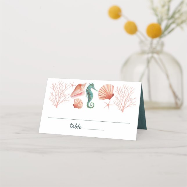 Seashore | Beach Blue Watercolor Seashells Wedding Place Card (Front)